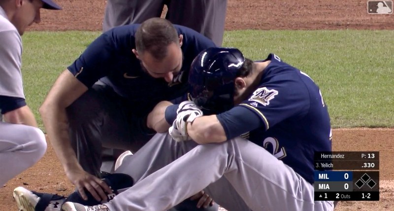 Christian Yelich Fouls One Off His Knee, Goes Down, Leaves Game (UPDATE: Fracture, Season Over) | Bleacher Nation