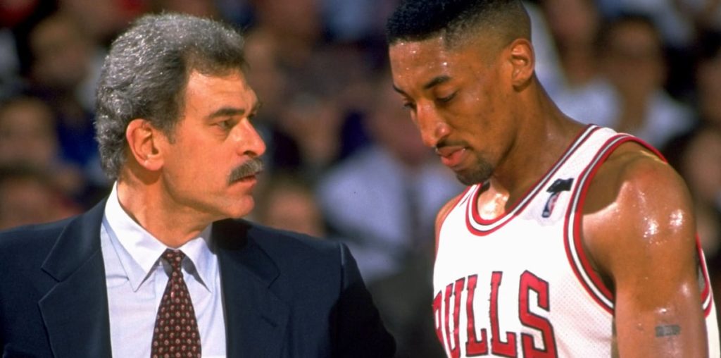 Scottie Pippen of the Chicago Bulls and Phil Jackson
