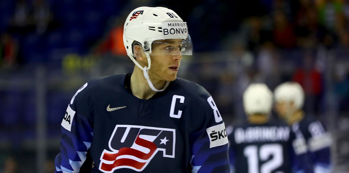 Patrick Kane (USA) during ice hockey game vs. RUS at the Olympic