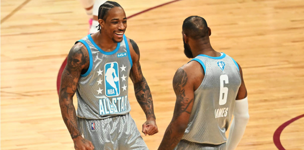 DeMar DeRozan and LeBron James compete in NBA All-Star Game.