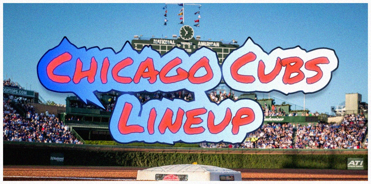 A Cubs lineup graphic in front of Wrigley Field's center field scoreboard. 