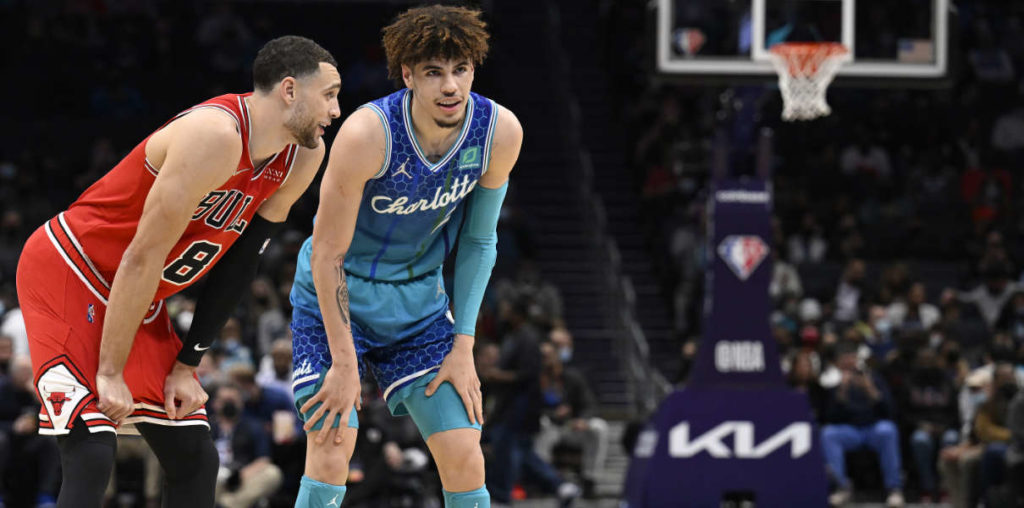 Zach LaVine of the Chicago Bulls and LaMelo Ball of the Charlotte Hornets