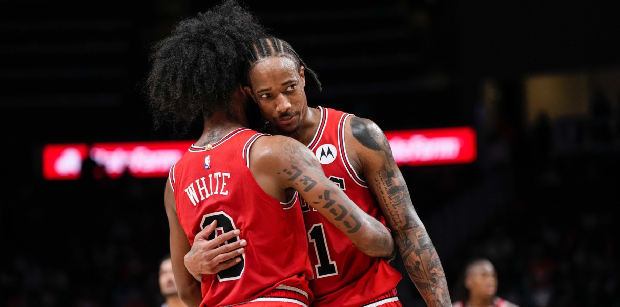 DeMar DeRozan and Coby White of the Chicago Bulls