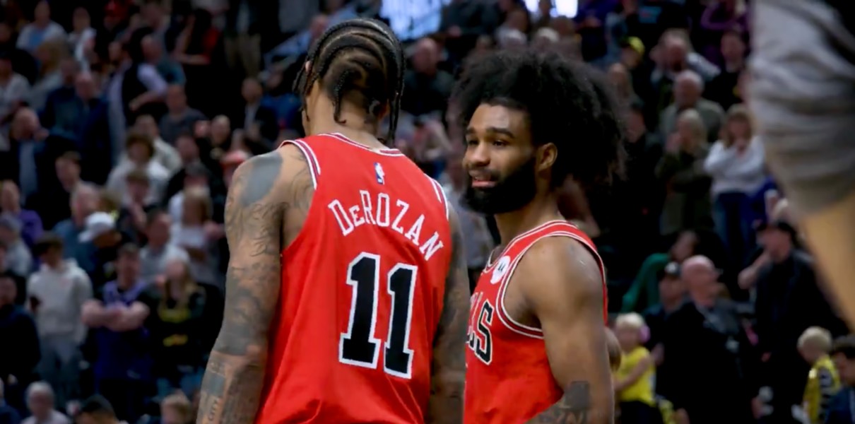 Coby White and DeMar DeRozan of the Chicago Bulls