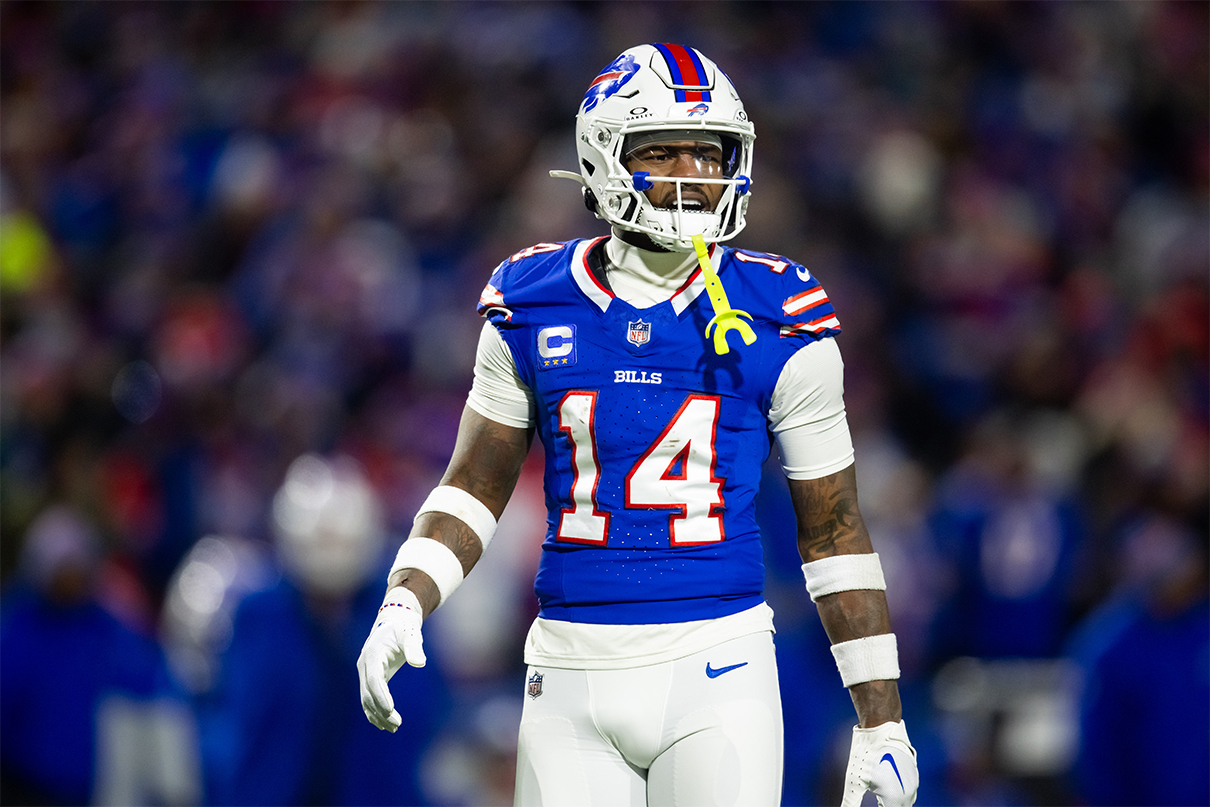 Jan 21, 2024; Orchard Park, New York, USA; Buffalo Bills wide receiver Stefon Diggs (14) against the Kansas City Chiefs in the 2024 AFC divisional round game at Highmark Stadium. Mandatory Credit: Mark J. Rebilas-USA TODAY Sports