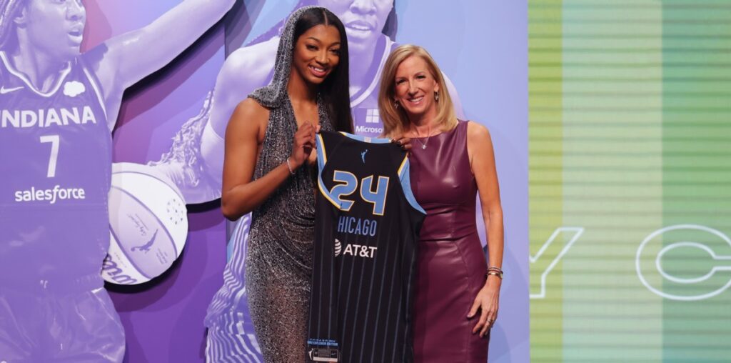 Angel Reese a the 2024 WNBA Draft after being selected by the Chicago Sky