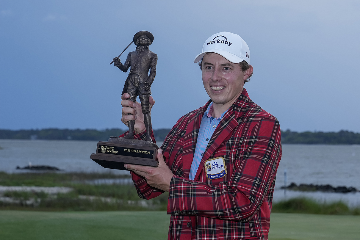 Apr 16, 2023; Hilton Head, South Carolina, USA; Matthew Fitzpatrick poses with the champions trophy the final round of the RBC Heritage golf tournament. Mandatory Credit: David Yeazell-USA TODAY Sports