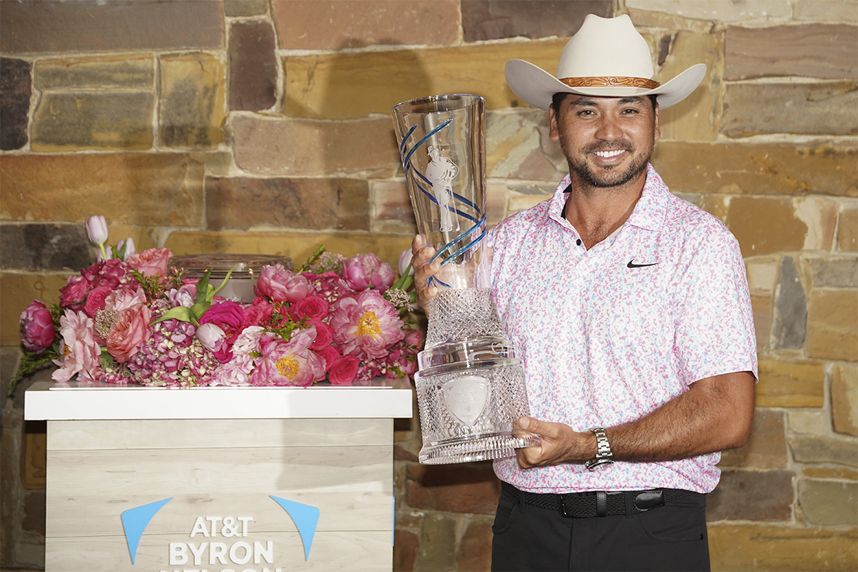 May 14, 2023; McKinney, Texas, USA; Jason Day poses with the winner's trophy during the final round of the AT&T Byron Nelson golf tournament. Mandatory Credit: Raymond Carlin III-USA TODAY Sports