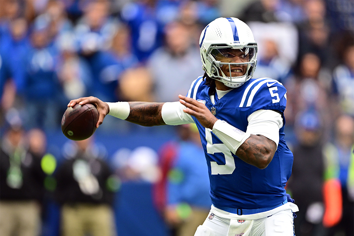 Oct 8, 2023; Indianapolis, Indiana, USA; Indianapolis Colts quarterback Anthony Richardson (5) throws a pass during the first quarter against the Tennessee Titans at Lucas Oil Stadium. Mandatory Credit: Marc Lebryk-USA TODAY Sports