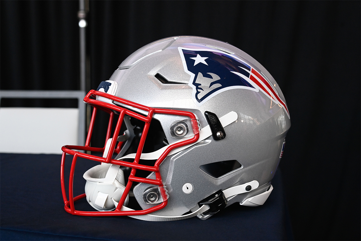 Jan 17, 2024; Foxborough, MA, USA; A New England Patriots helmet sits on a table at Gillette Stadium. Mandatory Credit: Eric Canha-USA TODAY Sports
