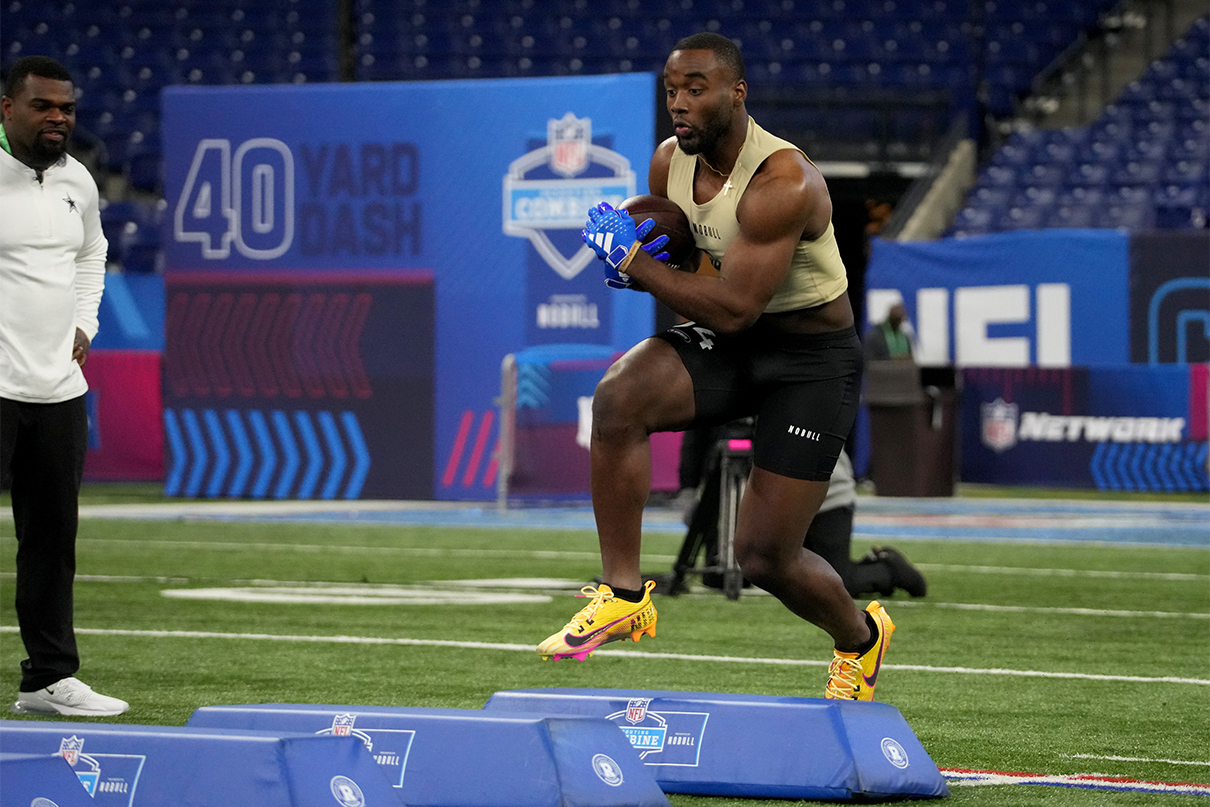 Mar 2, 2024; Indianapolis, IN, USA; Arizona Cardinals 3rd Round draft pick, running back Trey Benson (RB04) during the 2024 NFL Combine at Lucas Oil Stadium. Mandatory Credit: Kirby Lee-USA TODAY Sports