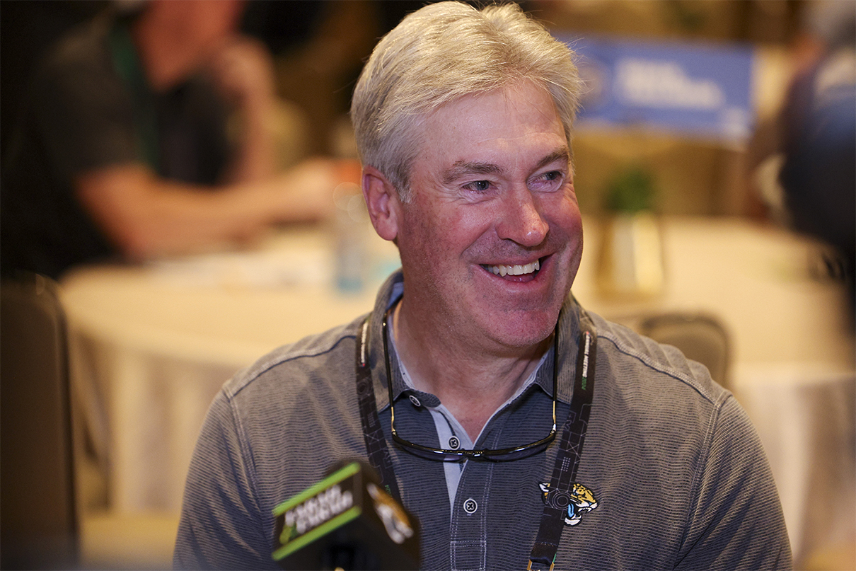 March 25, 2024;  Orlando, Florida, USA;  Jacksonville Jaguars head coach Doug Pederson speaks to the media during the annual NFL league meetings at the JW Marriott.  Mandatory Credit: Nathan Ray Seebeck-USA TODAY Sports