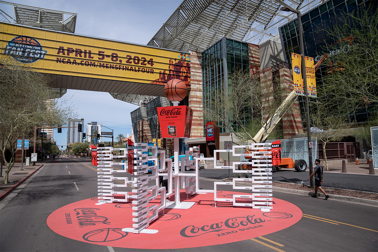 March 28, 2024; Phoenix, AZ, USA;  Preparations for the NCAA Men's Final Four are displayed at the Phoenix Convention Center in Phoenix on March 28, 2024. Mandatory Credit: Joel Angel Juarez-USA TODAY Sports