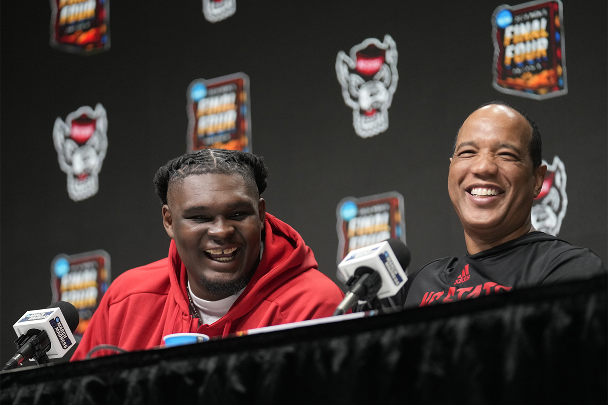 Apr 5, 2024; Glendale, AZ, USA; North Carolina State Wolfpack forward DJ Burns Jr. (30) and North Carolina State Wolfpack head coach Kevin Keatts laugh at a press conference during practice before the 2024 Final Four of the NCAA Tournament at State Farm Stadium. Mandatory Credit: Michael Chow/Arizona Republic-USA TODAY Sports