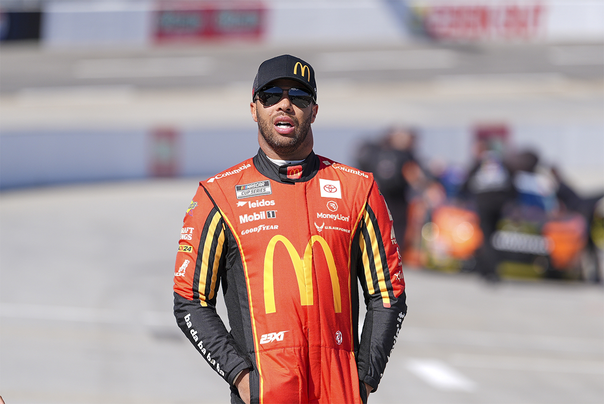 Cook Out 400 Odds & Picks;Apr 6, 2024; Martinsville, Virginia, USA; NASCAR Cup Series driver Bubba Wallace (23) reacts during practice at Martinsville Speedway. Mandatory Credit: Jim Dedmon-USA TODAY Sports