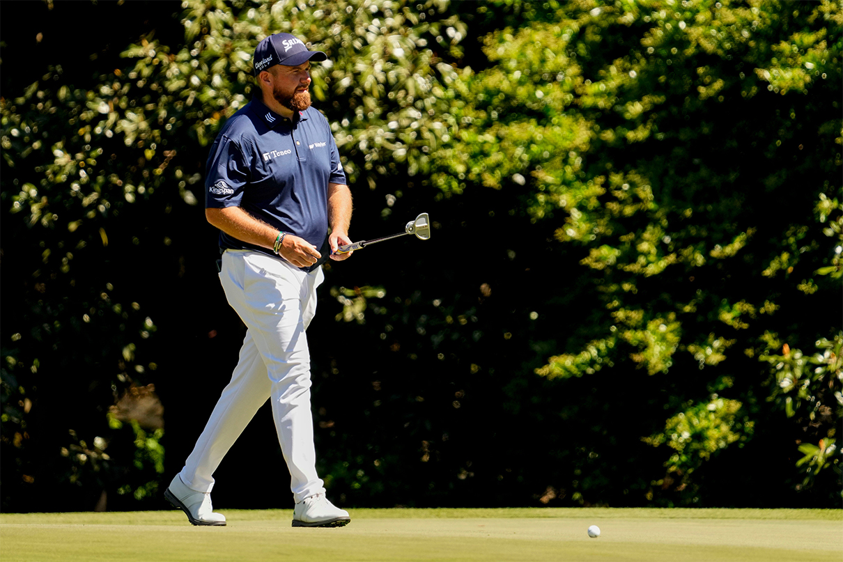 Apr 13, 2024; Augusta, Georgia, USA; Shane Lowry reacts to his putt on no. 11 during the third round of the Masters Tournament. Mandatory Credit: Rob Schumacher-USA TODAY Network
