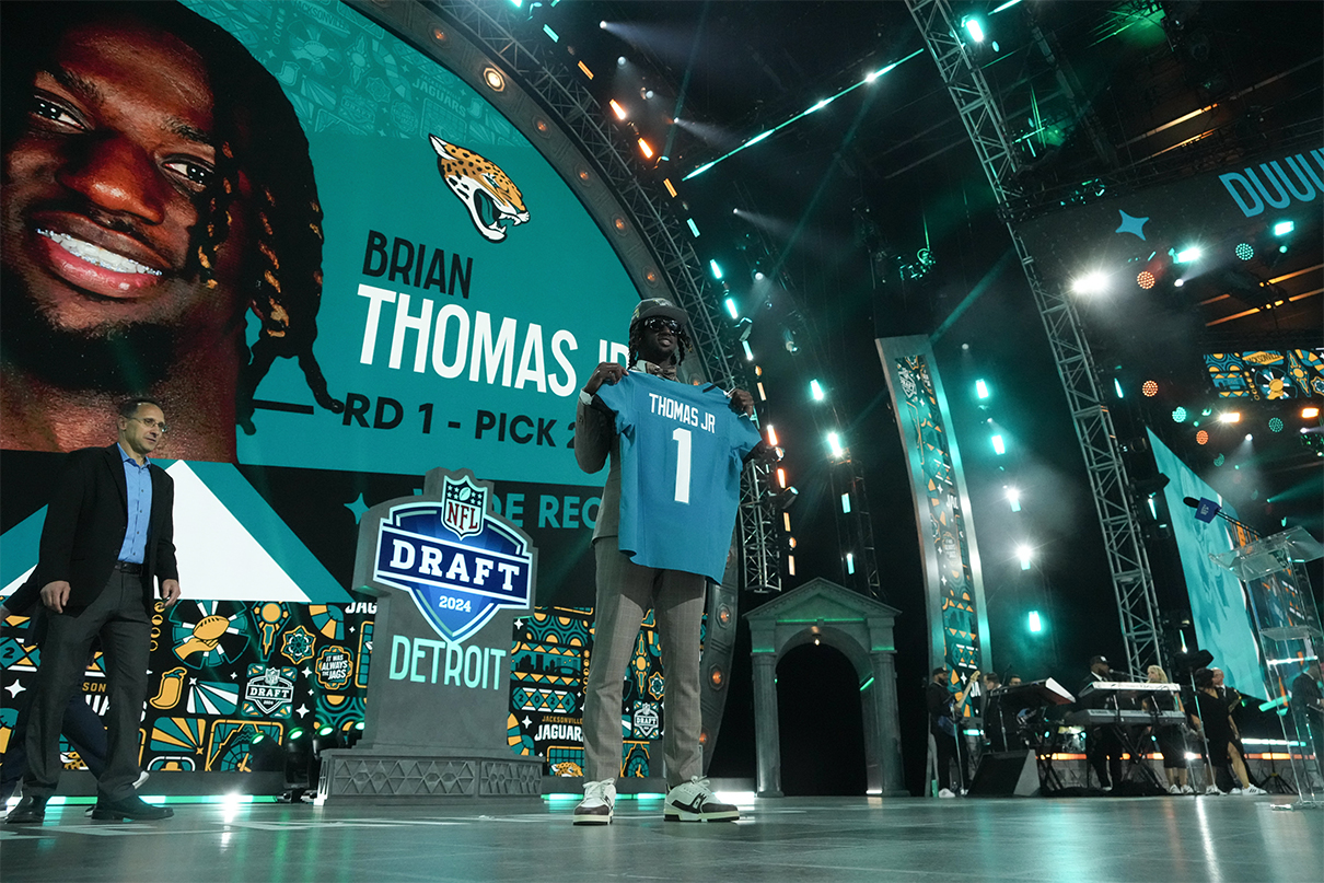 Apr 25, 2024; Detroit, MI, USA; LSU Tigers wide receiver Brian Thomas Jr. poses after being selected by the Jacksonville Jaguars as the No. 23 pick during the first round of the 2024 NFL Draft at Campus Martius Park and Hart Plaza. Mandatory Credit: Kirby Lee-USA TODAY Sports