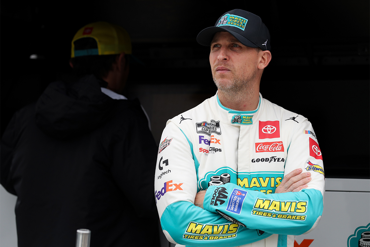 Apr 27, 2024; Dover, Delaware, USA; NASCAR Cup Series driver Denny Hamlin looks on during practice and qualifying for the Wurth 400 at Dover Motor Speedway. Mandatory Credit: Matthew O'Haren-USA TODAY Sports