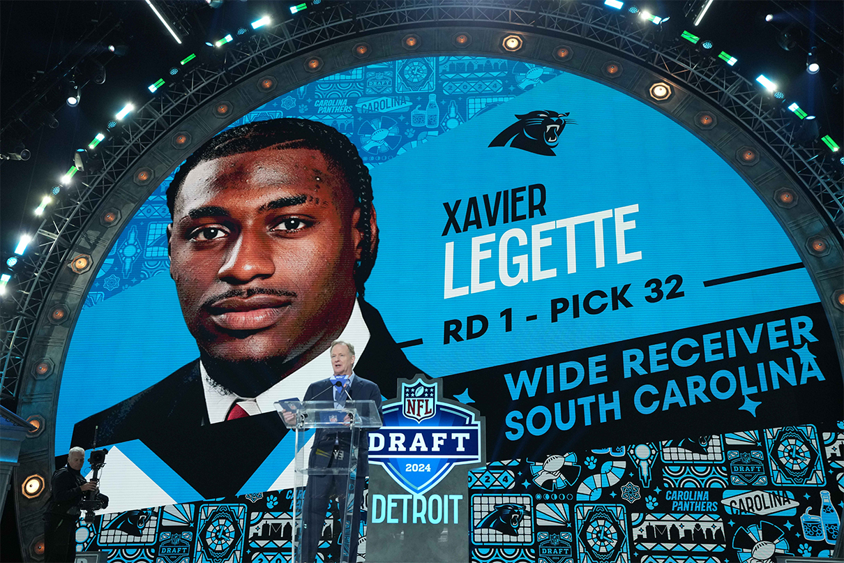 Apr 25, 2024; Detroit, MI, USA; NFL commissioner Roger Goodell announces South Carolina Gamecocks receiver Xavier Legette as the No. 32 pick of the first round by the Carolina Panthers during the 2024 NFL Draft at Campus Martius Park and Hart Plaza. Mandatory Credit: Kirby Lee-USA TODAY Sports
