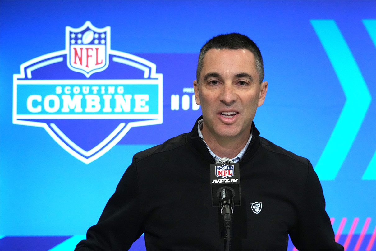 Feb 27, 2024; Indianapolis, IN, USA; Las Vegas Raiders general manager Tom Telesco during the NFL Scouting Combine at Indiana Convention Center. Mandatory Credit: Kirby Lee-USA TODAY Sports