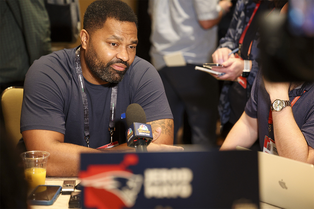 Mar 25, 2024; Orlando, FL, USA;  New England Patriots head coach Jarod Mayo talks to media during the NFL annual league meetings at the JW Marriott. Mandatory Credit: Nathan Ray Seebeck-USA TODAY Sports