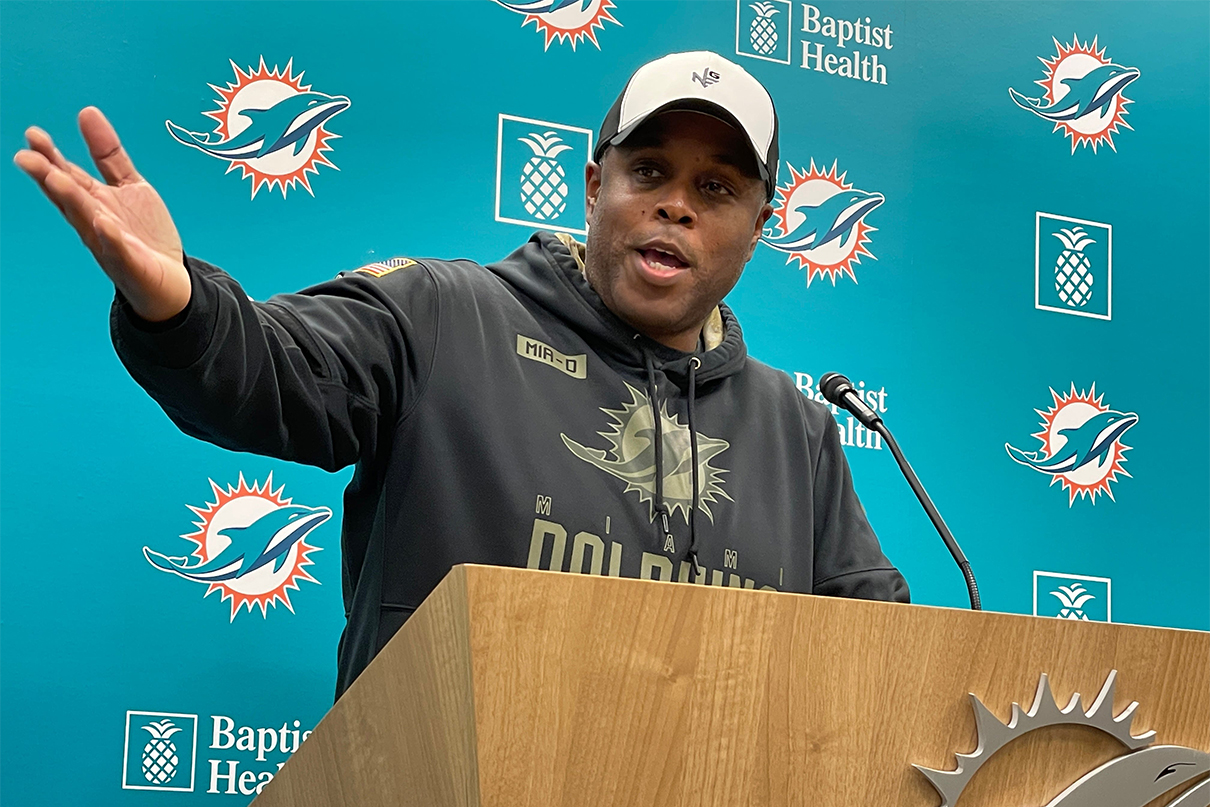 Dolphins general manager Chris Grier discusses the upcoming draft on Tuesday, April 16, 2024. HAL HABIB / The Palm Beach Post / USA TODAY NETWORK