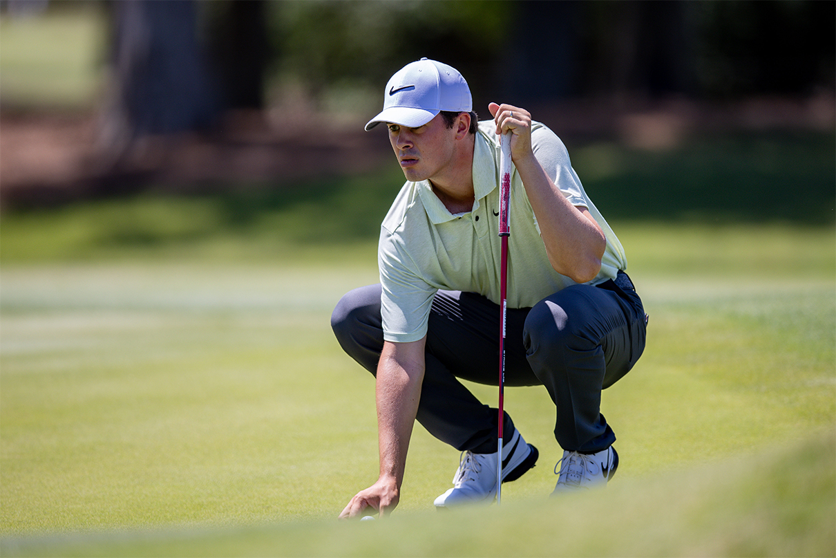 Apr 25, 2024; Avondale, Louisiana, USA;  Davis Thompson lines up a putt on the 8th green from the 8th fairway during the first round of the Zurich Classic of New Orleans golf tournament. Mandatory Credit: Stephen Lew-USA TODAY Sports