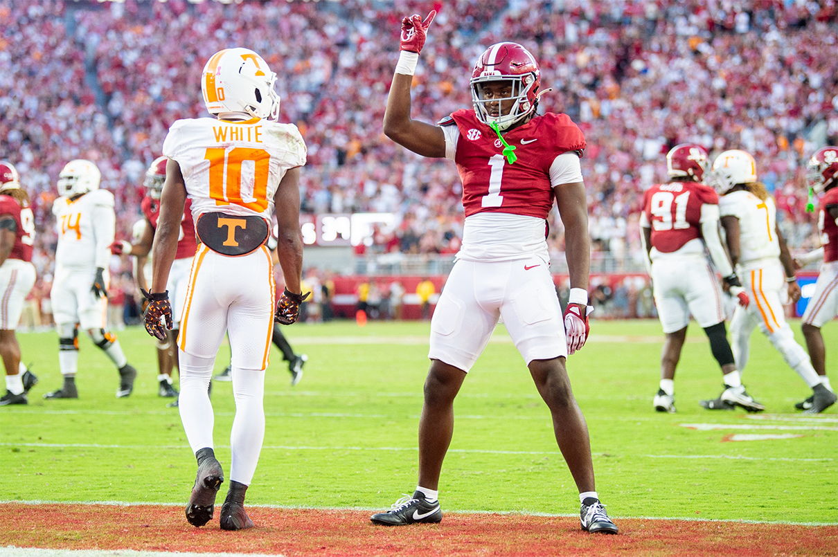 Alabama defensive back Kool-Aid McKinstry gestures in celebration after Tennessee failed to convert on fourth down in the fourth quarter at Bryant-Denny Stadium in Tuscaloosa, Ala., on Saturday, Oct. 21, 2023. Brianna Paciorka / USA TODAY NETWORK