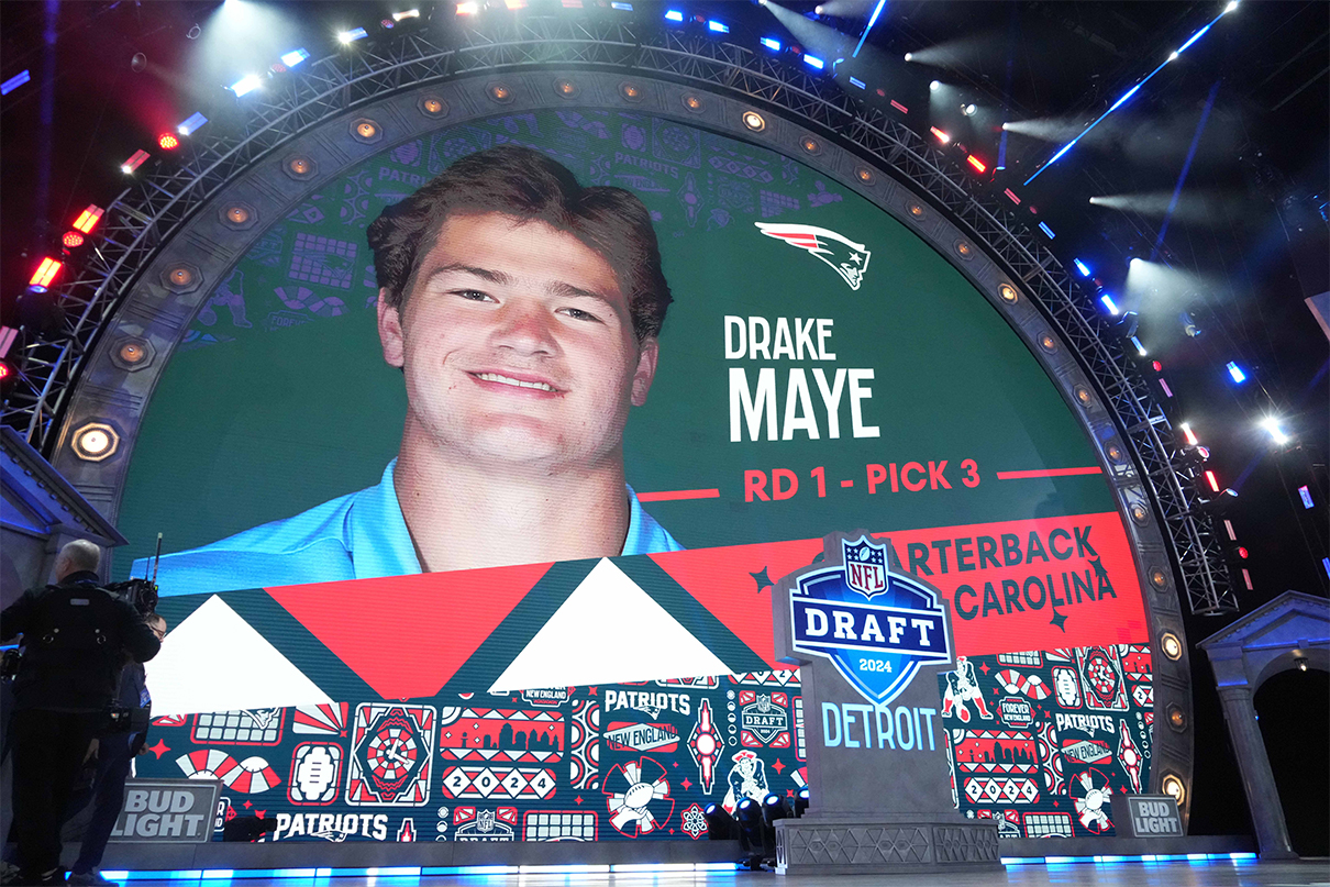 Apr 25, 2024; Detroit, MI, USA; North Carolina Tar Heels quarterback Drake Maye is selected as the No. 3 pick of the first round by the New England Patriots during the 2024 NFL Draft at Campus Martius Park and Hart Plaza. Mandatory Credit: Kirby Lee-USA TODAY Sports