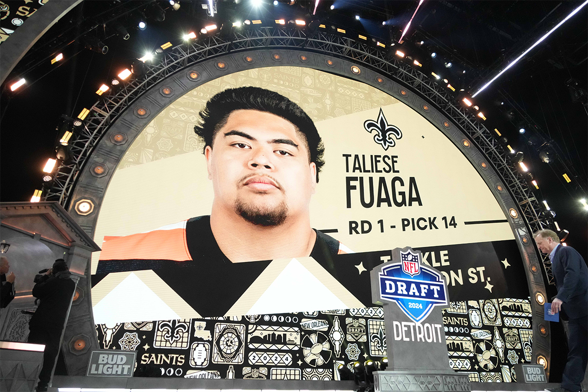 Apr 25, 2024; Detroit, MI, USA; Oregon State Beavers tackle Taliese Fuaga is selected as the No. 14 pick of the first round by the New Orleans Saints during the 2024 NFL Draft at Campus Martius Park and Hart Plaza. Mandatory Credit: Kirby Lee-USA TODAY Sports