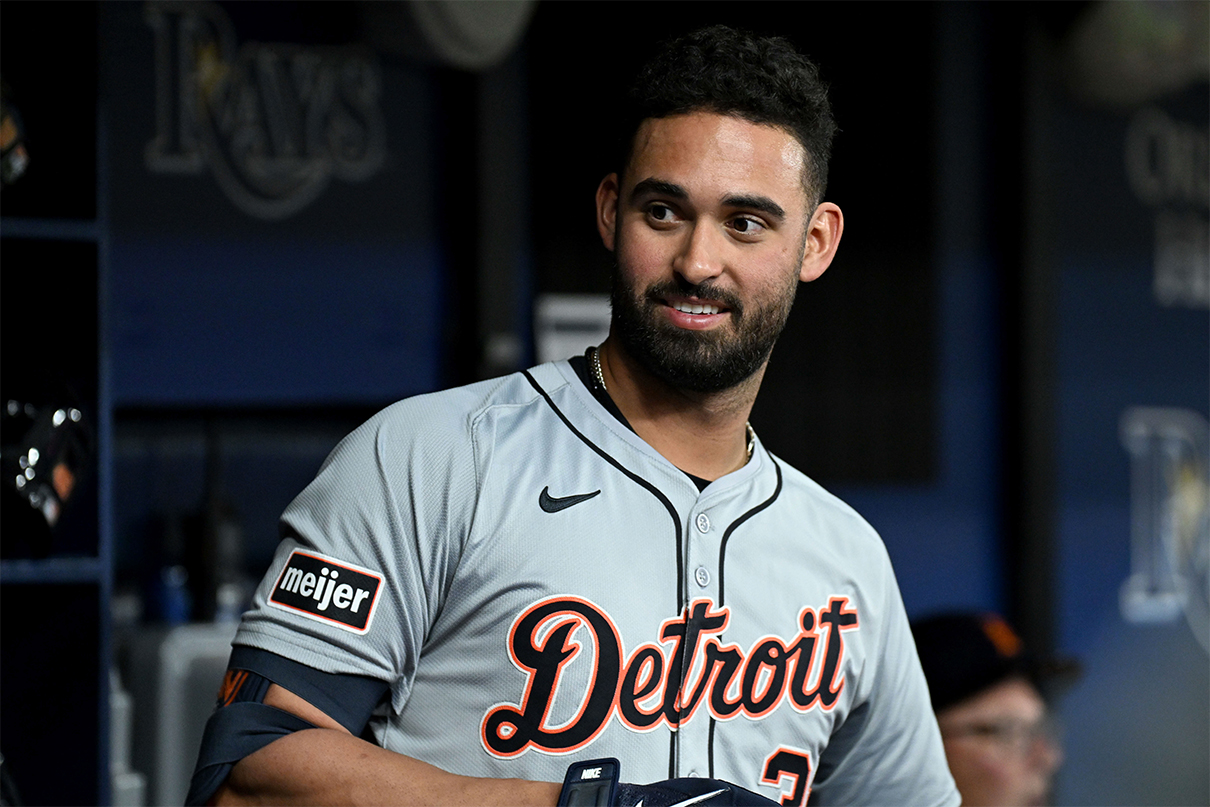 Apr 23, 2024; St. Petersburg, Florida, USA; Detroit Tigers designated hitter Riley Greene (31) prepares for the start of the game against the Tampa Bay Rays  at Tropicana Field. Mandatory Credit: Jonathan Dyer-USA TODAY Sports