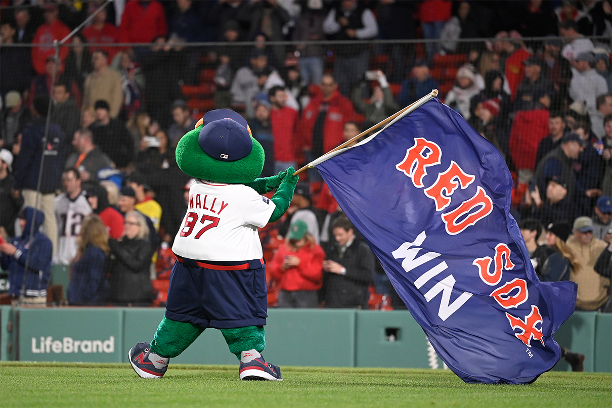 May 1, 2024; Boston, Massachusetts, USA; Boston Red Sox mascot Wally celebrates a win against the San Francisco Giants at Fenway Park. Mandatory Credit: Eric Canha-USA TODAY Sports